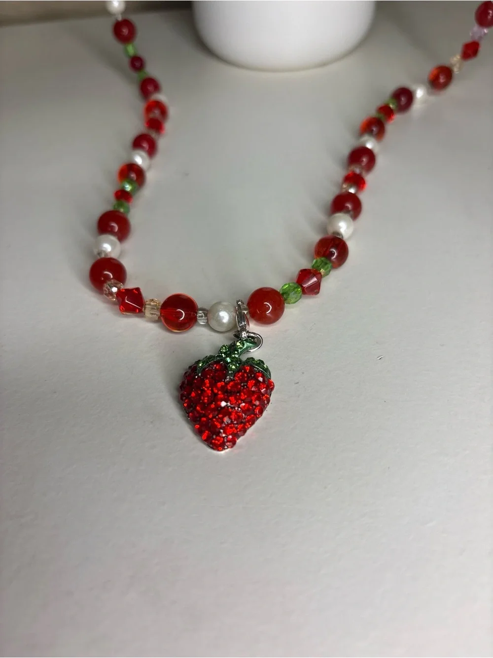 Chico’s Crystal Rhinestone Strawberry Beaded Statement Necklace Red White Green